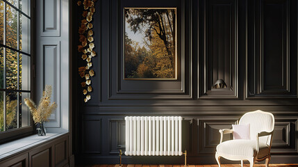 Graceful Room Design: Elegant White Metal Radiator Amid Dark Walls and Wooden Flooring