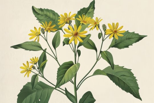 Silphium yellow flower plant retro  vintage  botanical illustration