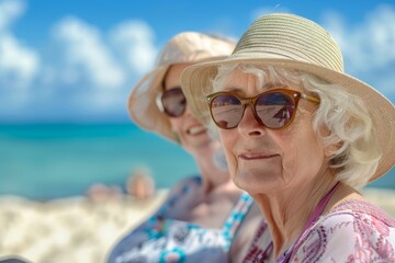 two caucasian senior women on vacation by the sea. Retired lady friends smiling, being happy and enjoying life.