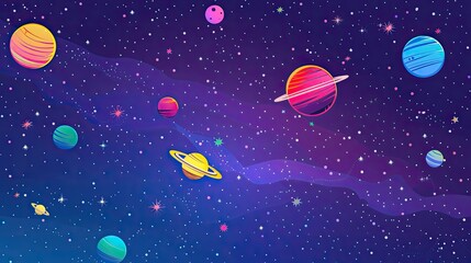 Colorful illustration of a whimsical outer space scene with various stylized planets and stars on a purple background