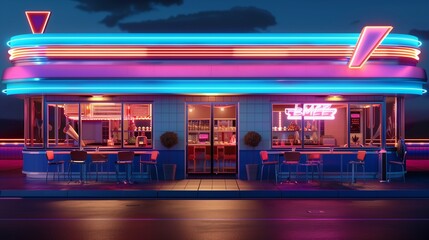 Retro diner facade with neon lights.
