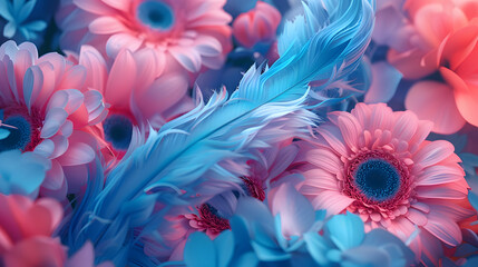 4 colorful number 2024 in pink and blue flowers, in the style of mike campau, fine feather details,...
