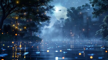 Fototapeta premium 3d rendering of magical river at night with glowing fireflies in forest