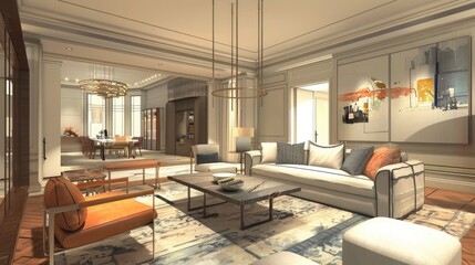 Architectural livingroom sketch, interior project concept art