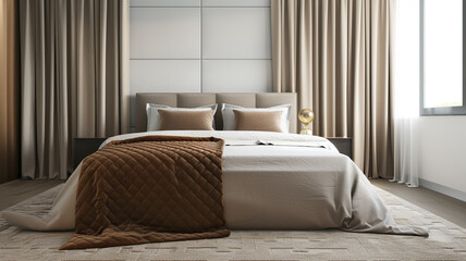 Modern bedroom with gray carpet under bed and brown satin
