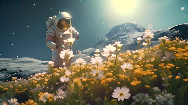 Astronaute sur une plan&egrave;te fleurie
