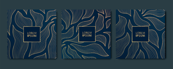 Obraz premium Vector set of art deco floral pattern, line labels frames, plant vintage ornament. Organic luxury borders, nature labels, blossom covers. Golden on blue