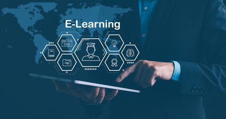 Concept E-learning education, Businessman hand touch Online Education icon on virtual screen. internet lessons and online webinar, online lessons on a digital screen.Education internet Technology.