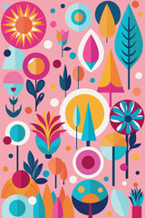 bright color background with abstract shapes and figures like fliwers and trees on a pink background