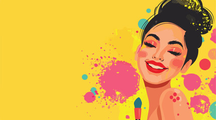 Beautiful happy woman with makeup sponges on yellow b
