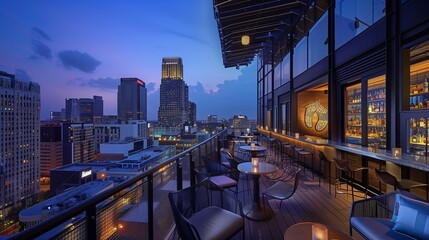 Rooftop bar with panoramic city views.