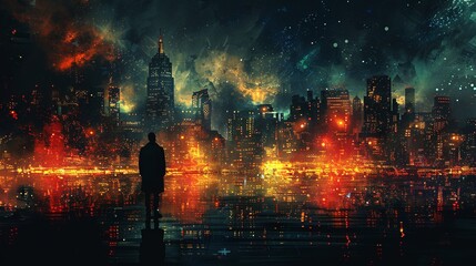 Illustration of a man standing on a street gazing at a futuristic cityscape at night, embodying a sci-fi concept, rendered as a painting.