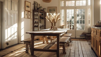 Rustic farmhouse dining room with a wooden table and bench seating.
