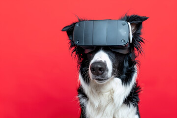 Curious dog exploring virtual reality with a VR headset against a red background.