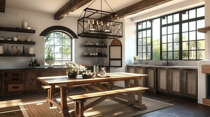 Rustic farmhouse dining room with a wooden table and bench seating.