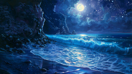 Deep indigo waves crash against rugged cliffs, their foam illuminated by the silvery moonlight. Above, a canopy of stars twinkles in the night sky, reflected in the tranquil waters below.