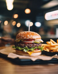 hamburger at fast food restaurant, food court, street restaurant 

