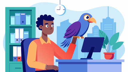 Fototapeta premium In an office setting a therapy parrot sits on the shoulder of a young adult with OCD providing a source of distraction and levity during times of high. Vector illustration