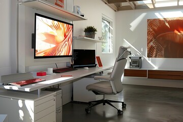 Modular home office with ergonomic furniture and digital art display