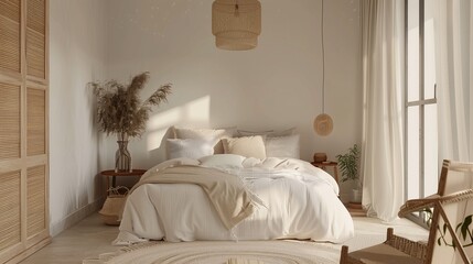 Scandinavian-inspired bedroom with neutral tones and natural textures.