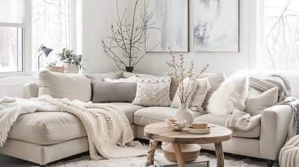 Scandinavian-inspired living room with a neutral color palette and hygge accents.