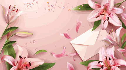 Beautiful lilies and envelope on color background Vector