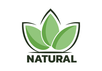 Natural icon, badge or logo with green leaf. Nature, pure product symbol. Vector illustration.