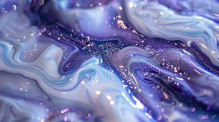 Dazzle the senses with amethyst marble ink gliding over a backdrop of opaline whites and celestial blues, embellished with glitters that flicker like iridescent fairy lights.