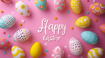 Colorful Easter eggs arranged in a cheerful pattern on a flat background with "Happy Easter" text.
