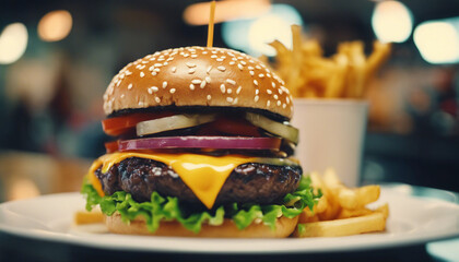 hamburger at fast food restaurant, food court, street restaurant  
