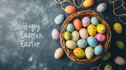 Colorful Easter eggs arranged in a basket with "Happy Easter" text on a flat background.