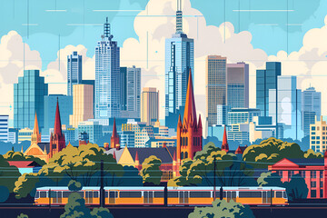 Melbourne flat vector skyline illustration