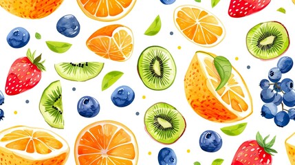 Vibrant Watercolor Fruit Pattern on White Background, Citrus, Berries, Orange