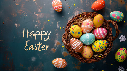 Colorful Easter eggs arranged in a basket with "Happy Easter" text on a flat background.