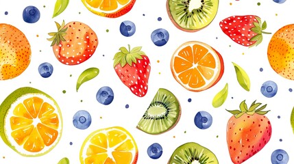 Artistic Watercolor Pattern of Mixed Summer Fruits and Berries