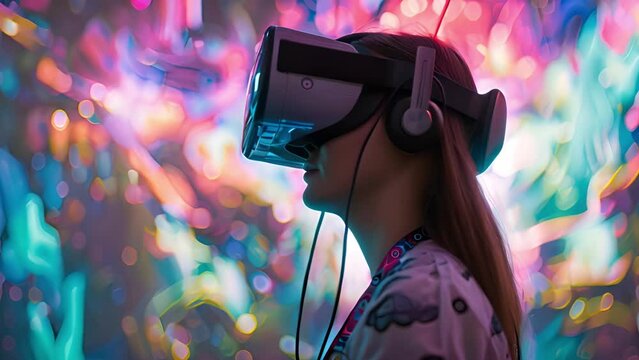 A woman stands in front of a vibrant, colorful background, immersed in virtual reality through her headset.