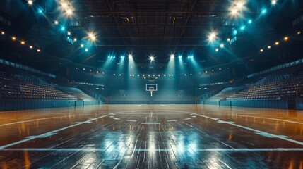 Dramatically lit empty basketball court showcasing the glossy wooden floor and arena seating