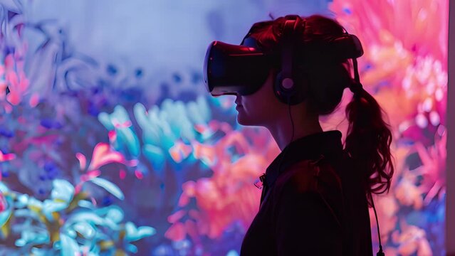 A woman engages with a VR headset amid vibrant, illuminated surroundings.