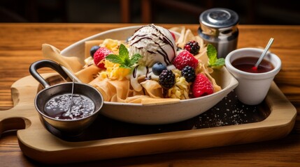 Wooden tray with pancakes and fruits with ice cream. - obrazy, fototapety, plakaty