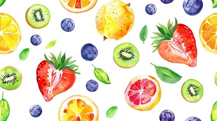 Vibrant Watercolor Fruit Patterns, Colorful Colors, Kiwi, Orange, Strawberry