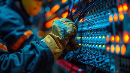 Installation technicians securing optic fiber with cable ties.
