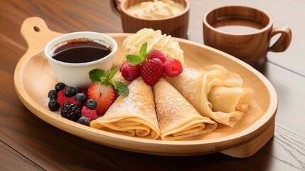 Wooden tray with pancakes and fruits with ice cream. - obrazy, fototapety, plakaty
