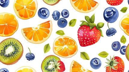 Fruit Pattern on White Background, Summer Colors, Watercolor Style, Kiwi, Orange, Blueberry