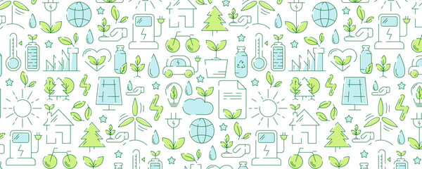 Ecology seamless pattern, colorful line icons. Environmental improvement, sustainability, recycle, renewable energy. Eco friendly vector banner. For cover, wrapping paper, textile print