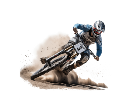 Motocross riders make sharp turns during the race, the ground dust flying, conveying a sense of speed and thrill. Generative AI