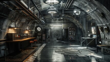 Underground bunker with industrial design elements.