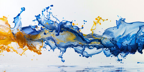 Cascades of cobalt blue and vivid yellow liquids colliding and exploding in water, creating a visually striking display on a pristine white surface.