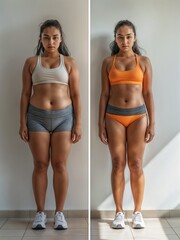 The before and after images showcase changes in a woman's figure in a bikini. Toned arms, legs, and abdomen. Her chest and waist appear slimmer, her thigh muscles are more defined in after-picture - obrazy, fototapety, plakaty