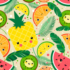 Kawaii tropical fruits seamless pattern, vector illustration, japanese kawaii design, fully editable, pineapple, lemon, citrus, orange, watermelon, palm leaves, kiwi
