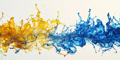 Cascades of cobalt blue and vivid yellow liquids colliding and exploding in water, creating a...